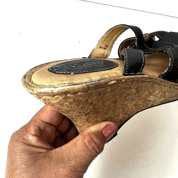 Born Womens Sz 10M Wedge Cork Heel Sandals Leather Black Casual Slip On Open Toe - Picture 9 of 12